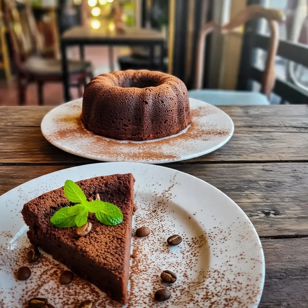 Fatia de bolo de chocolate com café solúvel, decorada com folhas de hortelã e grãos de café, servida à frente de um bolo inteiro em fundo rústico.
