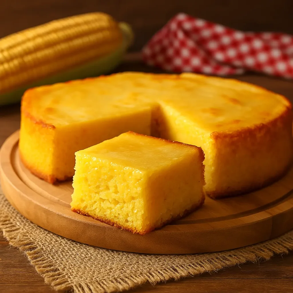 Bolo de milho cremoso sem farinha com uma fatia cortada, com textura macia e topo dourado, sobre uma tábua de madeira, ideal para festas juninas.