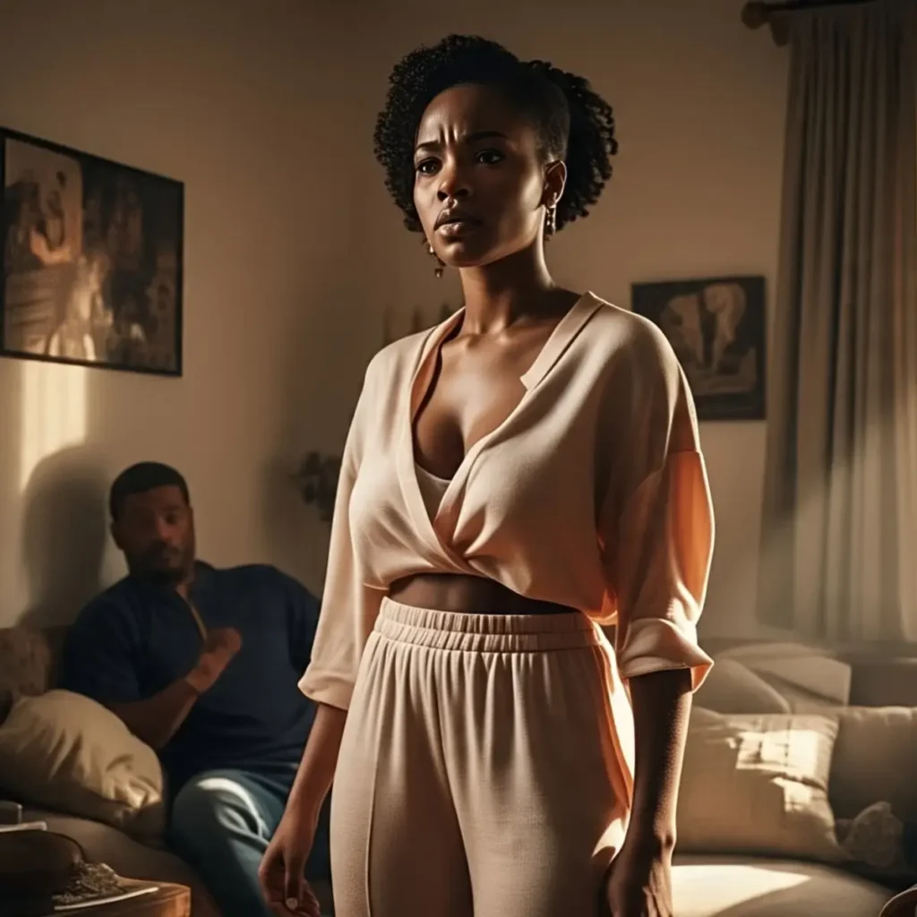 Mulher negra com expressão séria em pé na sala, enquanto homem observa ao fundo sentado no sofá.
