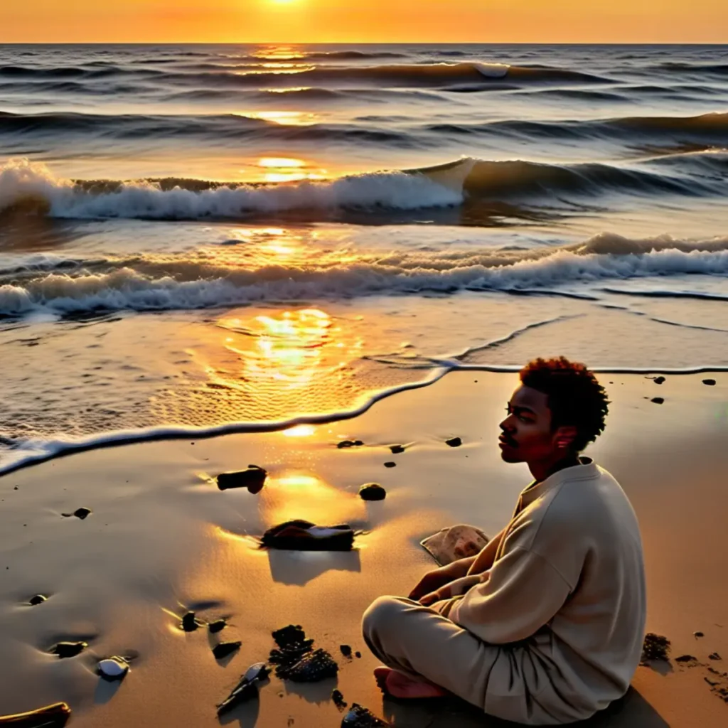 mulher sentada na areia olhando o pôr do sol no mar, em momento de reflexão e silêncio.