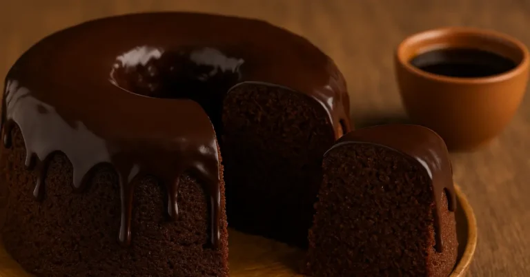 Bolo de chocolate com cobertura brilhante de ganache, com uma fatia cortada e uma chávena de café ao fundo, sobre uma mesa de madeira.