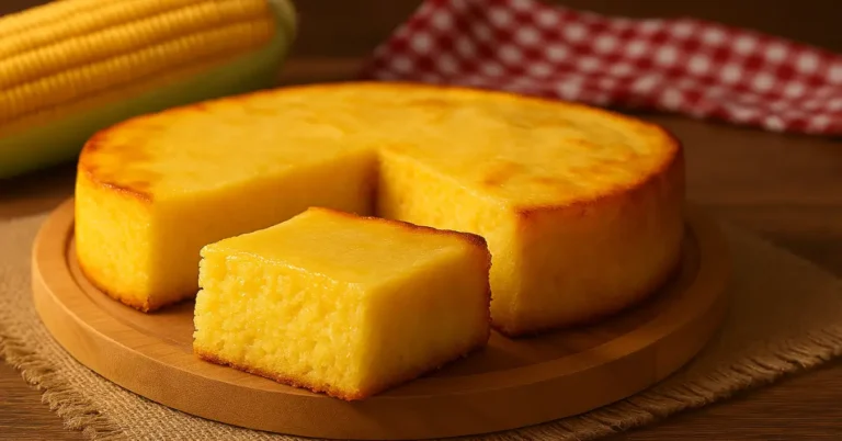 Bolo de milho cremoso sem farinha com uma fatia cortada, com textura macia e topo dourado, sobre uma tábua de madeira, ideal para festas juninas.