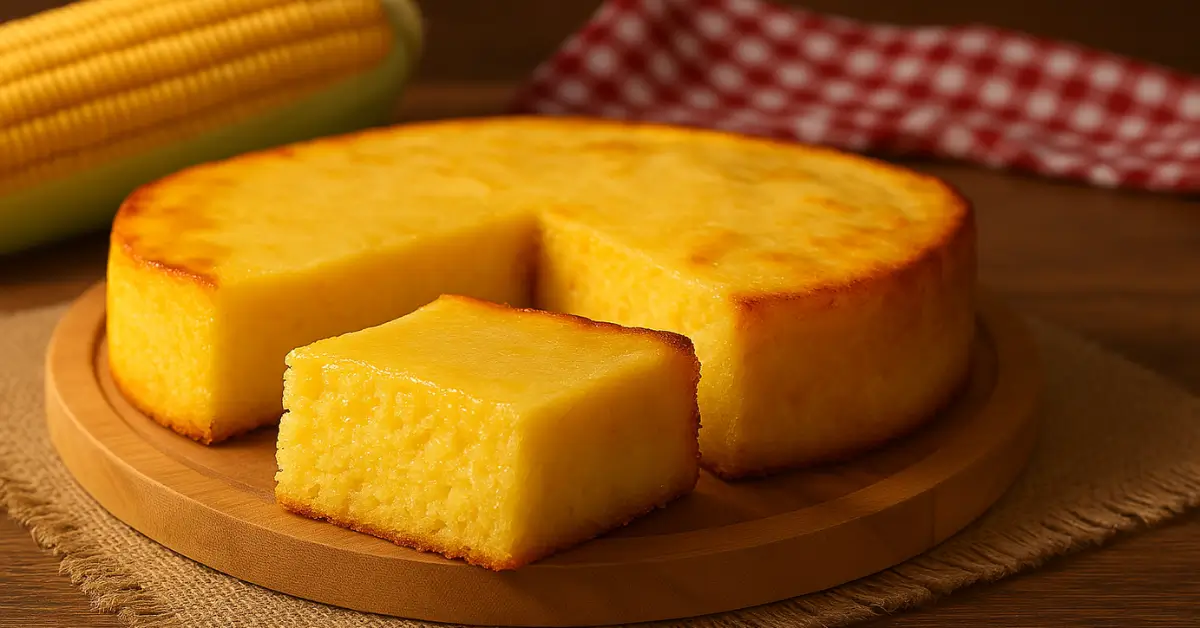 Bolo de milho cremoso sem farinha com uma fatia cortada, com textura macia e topo dourado, sobre uma tábua de madeira, ideal para festas juninas.