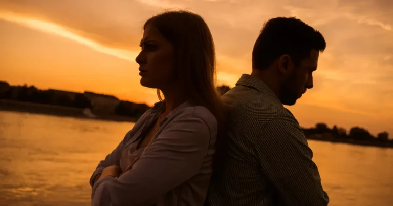 Casal de costas um para o outro ao entardecer, demonstrando afastamento emocional e conflito.