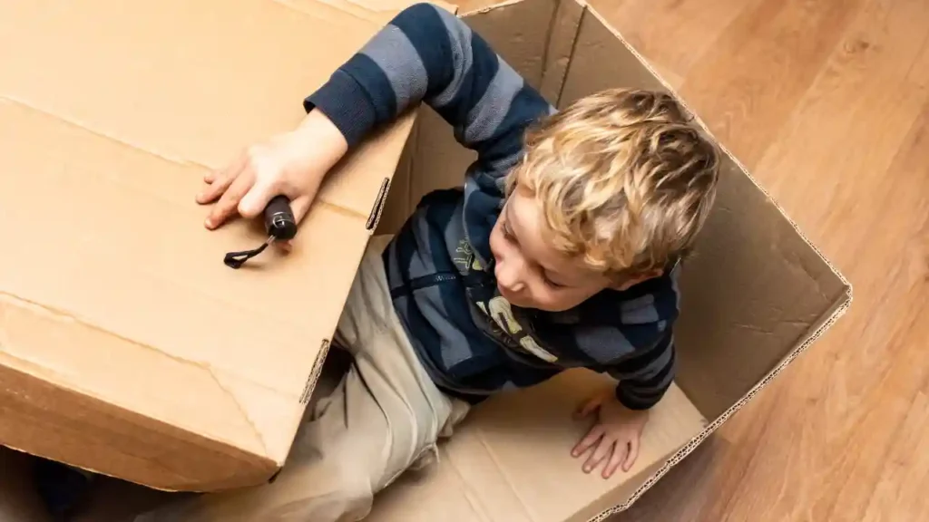 Criança brincando dentro de uma caixa de papelão com uma lanterna, representando atividades educativas em casa.