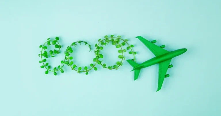A palavra “eco” formada por folhas verdes e cipós, com avião de brinquedo verde ao lado, simbolizando a aviação sustentável em fundo azul claro.