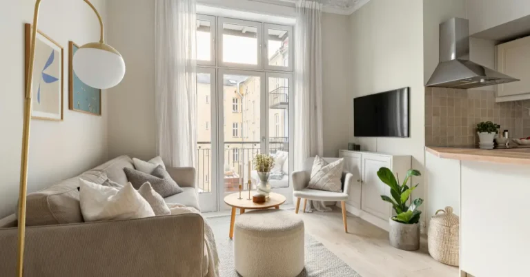 Sala integrada e aconchegante com decoração de apartamento pequeno em tons claros e modernos