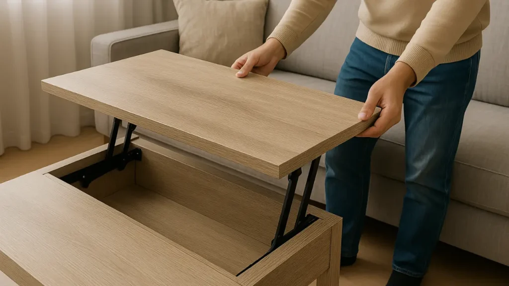Mesa de centro com tampo elevável sendo aberta em sala com decoração de apartamento pequeno