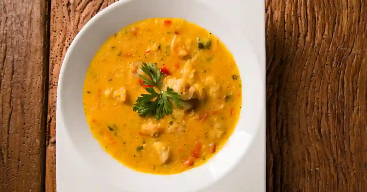 Sopa cremosa de cor amarela servida em uma tigela branca, decorada com salsa fresca sobre uma mesa de madeira rústica.