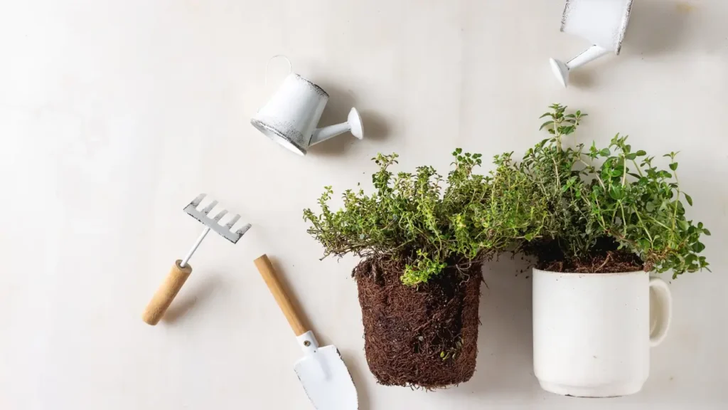 Horta integrada com ferramentas de jardinagem, regadores e plantas sendo preparadas para o cultivo.