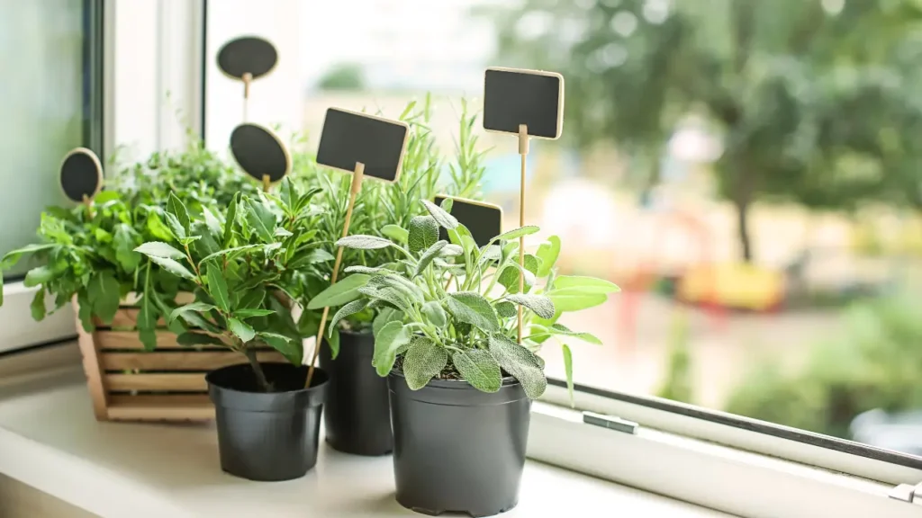 Horta integrada em uma janela, com ervas frescas cultivadas em vasos e identificadas por placas em estilo quadro-negro.