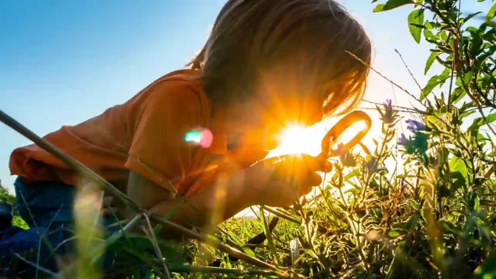Criança explora a natureza com lupa sob o sol — um instante curioso que traduz a essência da maternidade na roça.