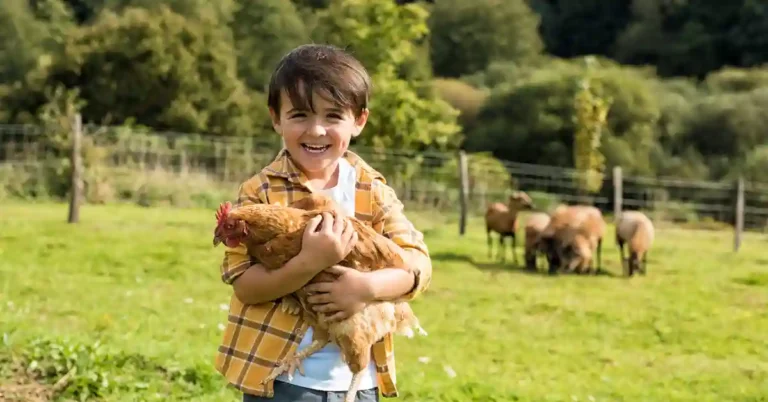 Criança em uma fazenda segurando uma galinha, rodeada por animais e natureza — cenário perfeito para maternidade na roça.