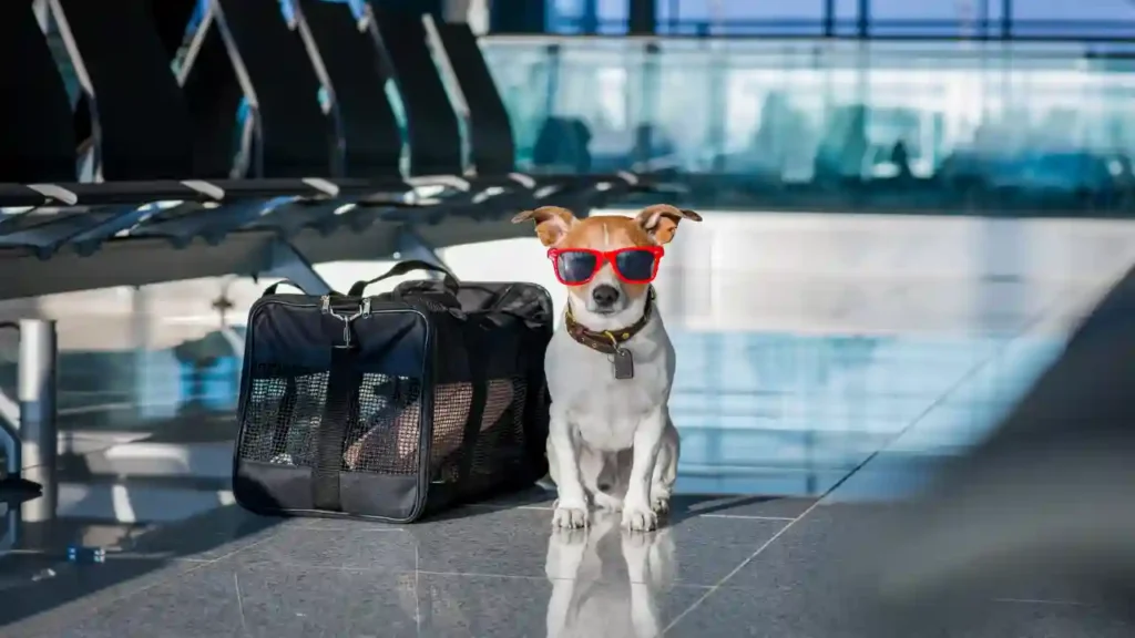 Cachorro sentado ao lado de transportadora em aeroporto, ilustrando nova regra de bagagem para pets.
