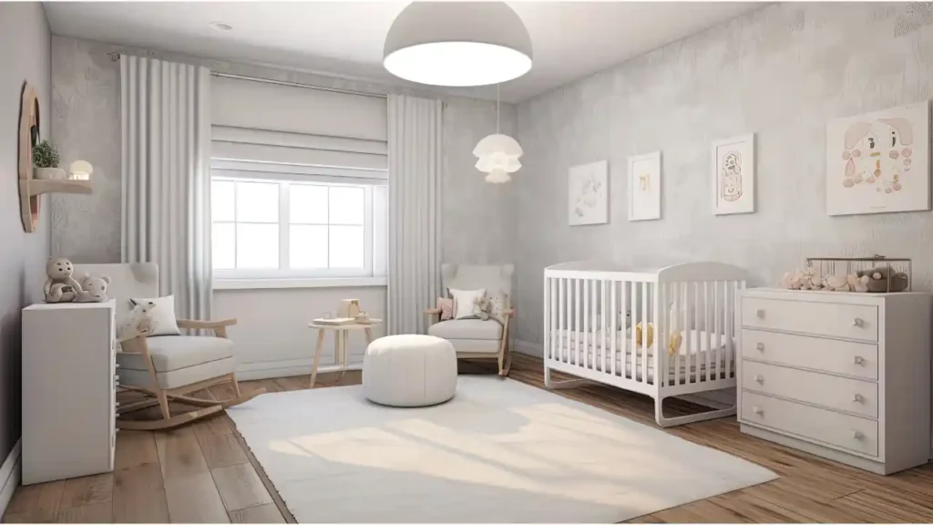 Quarto de bebê decorado com berço branco, poltrona de amamentação com almofadas e bichinhos de pelúcia, cômoda branca e detalhes aconchegantes.