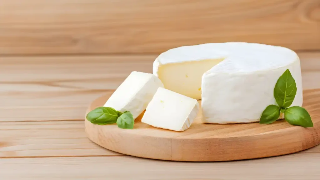 Queijo cremoso tipo brie em tábua de madeira, ideal para receitas como risoto de manga.