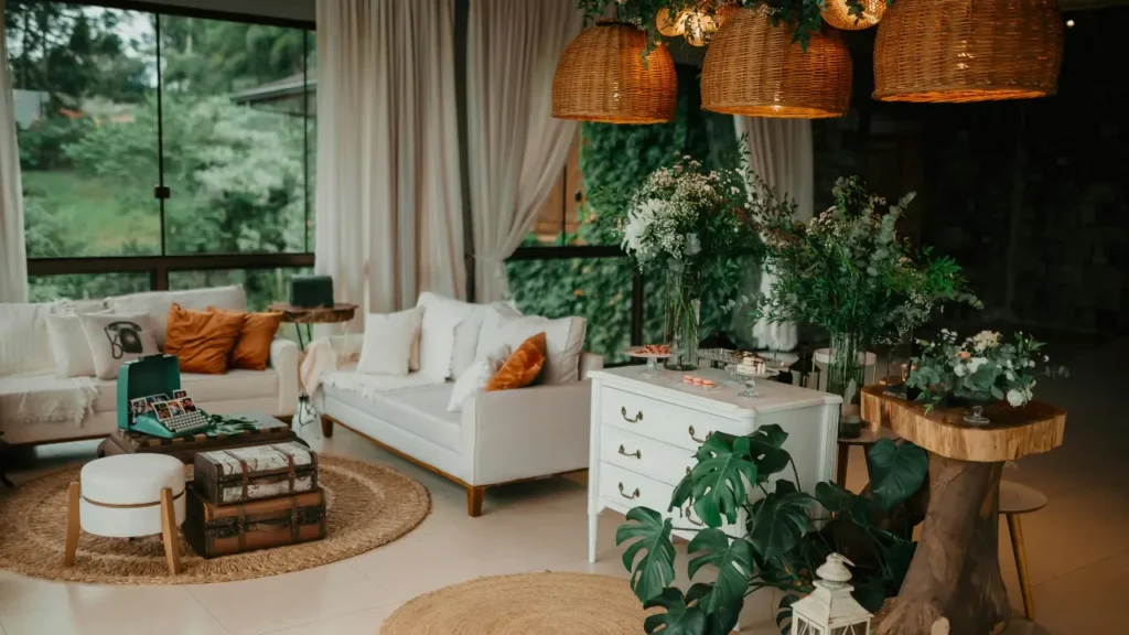 Tendências de decoração 2025 com sala de estar em estilo natural, destacando móveis rústicos e elementos botânicos.