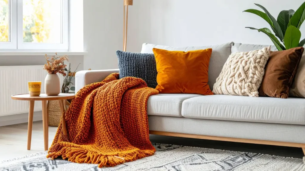 Tendência de decoração 2025 com sofá cinza claro e almofadas em tons terrosos, destacando aconchego e estilo natural.