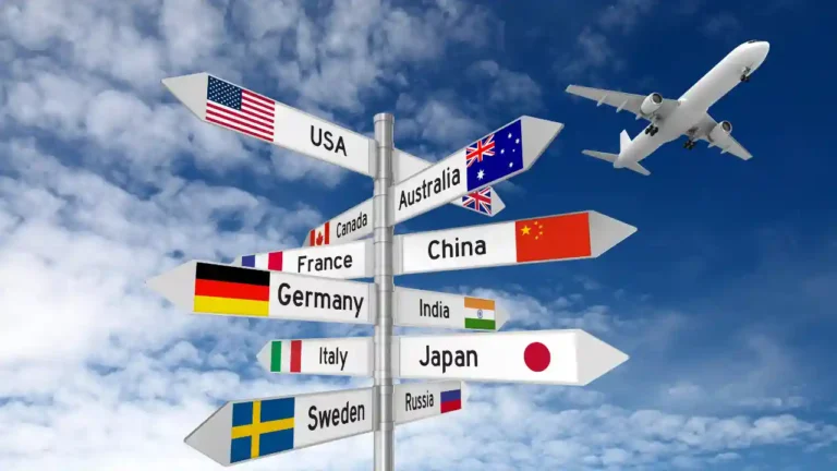 Placa de sinalização com bandeiras de diferentes países sob um céu azul, simbolizando destinos de voos diretos ao redor do mundo.