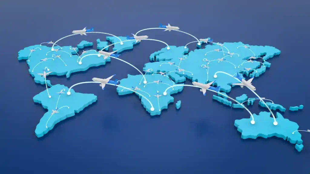 Mapa estilizado do mundo com rotas aéreas conectando continentes, representando voos internacionais.