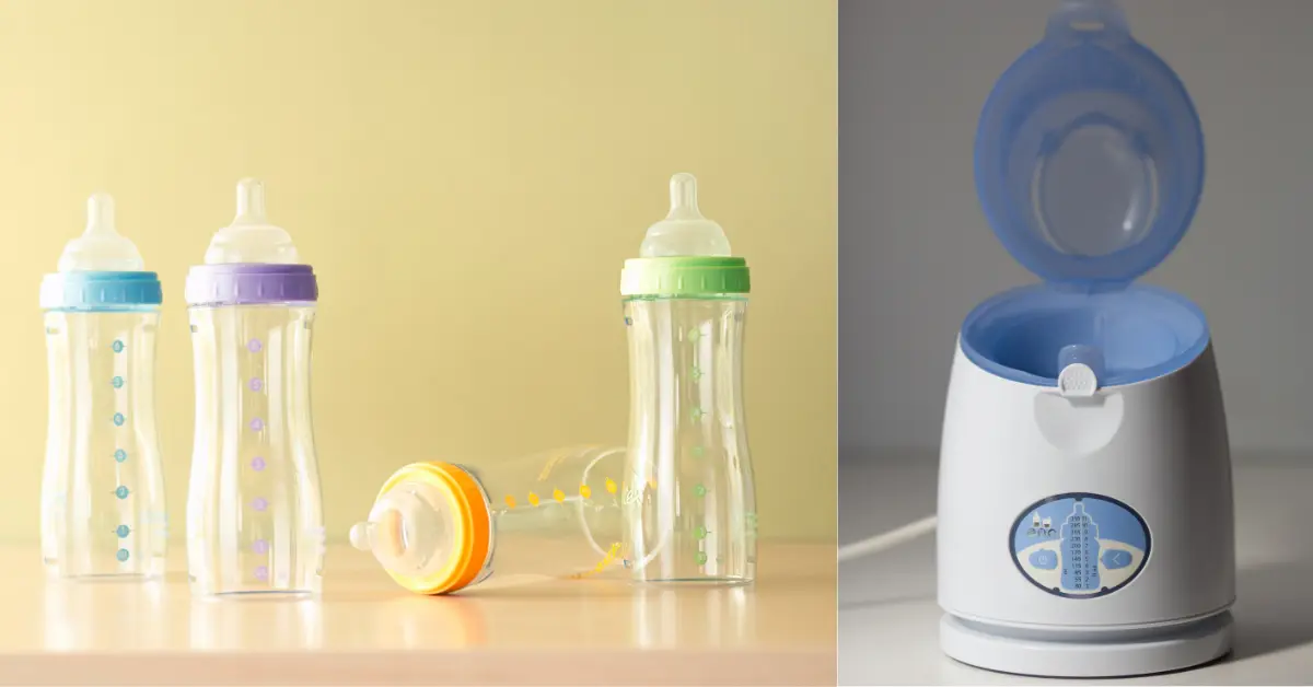 Quatro mamadeiras coloridas ao lado de um aquecedor inteligente de mamadeira branco e azul com tampa aberta.