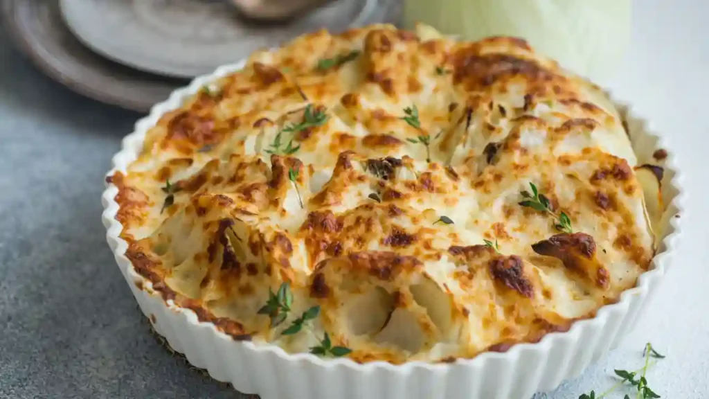 Travessa de arroz cremoso de forno com frango, gratinado com queijo dourado e decorado com ramos de tomilho fresco.