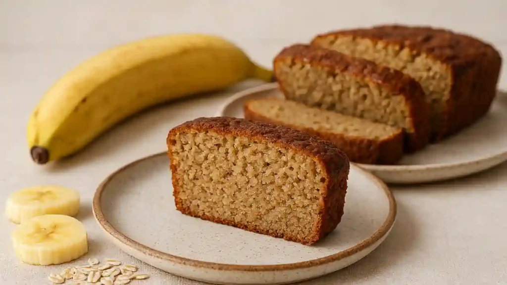 Fatia de bolo de banana com aveia sem açúcar em prato rústico, com banana e flocos de aveia ao lado, sobre fundo claro.