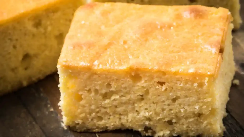 Fatia de bolo de milho de liquidificador com textura macia e crosta dourada, servida sobre superfície rústica de madeira.