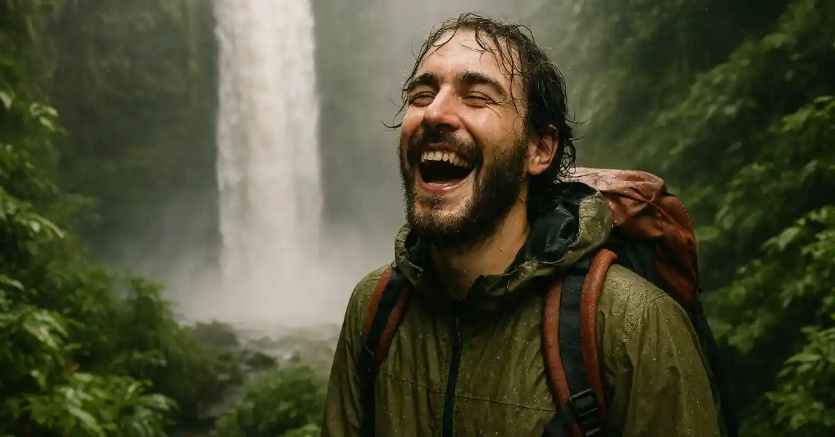 Homem sorridente com mochila e capa de chuva em frente à Cachoeira do Roncador em Pirenópolis, rodeado por vegetação tropical.