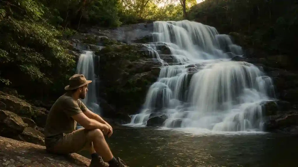 Homem sentado em uma pedra observando a Cachoeira do Roncador em Pirenópolis, com água caindo em várias camadas rodeada por vegetação densa.
