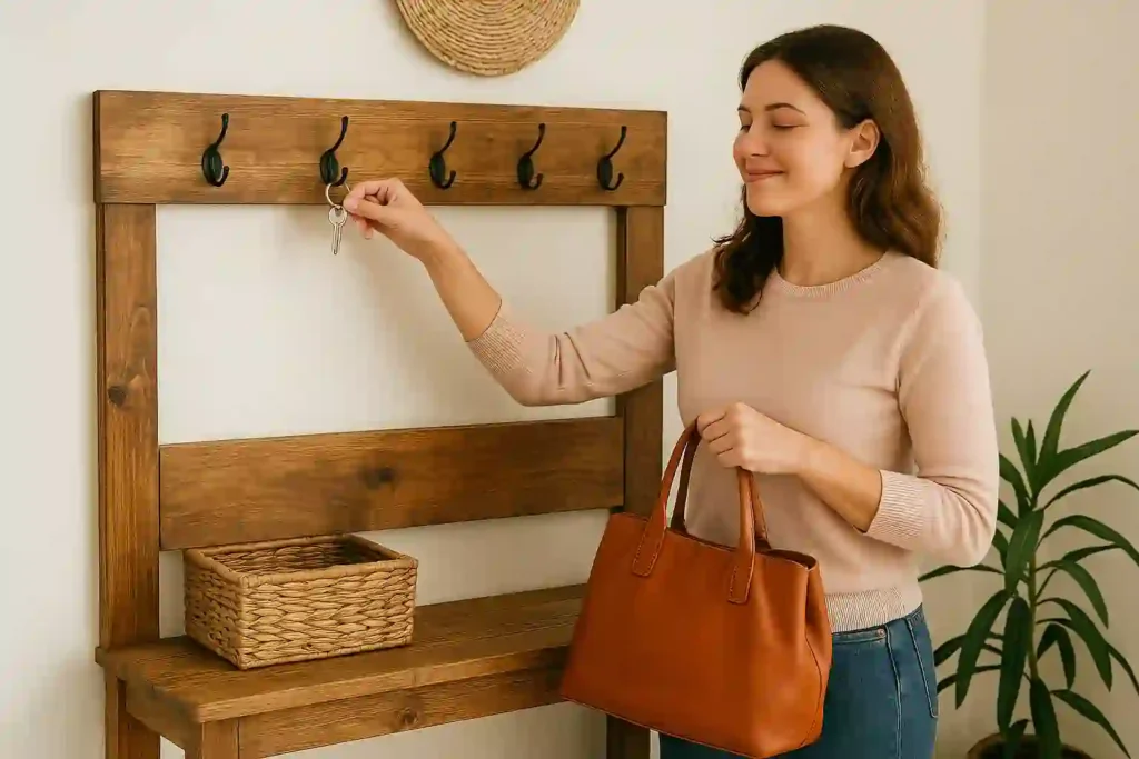Mulher sorridente guarda chaves em um cantinho de entrada com reaproveitamento, com banco de madeira rústica, ganchos metálicos e cestos decorativos.