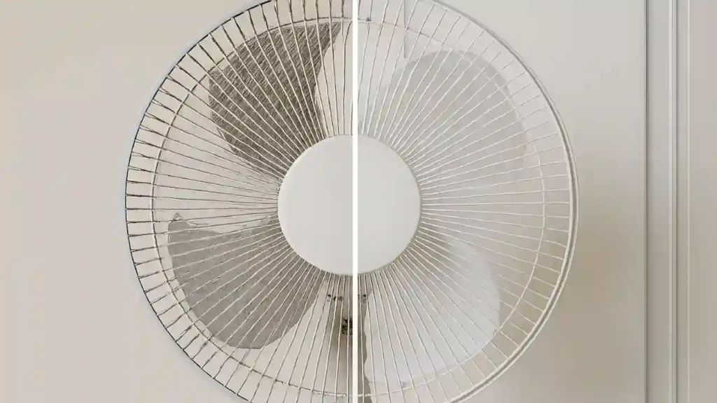 Ventilador dividido ao meio mostrando o lado esquerdo sujo com poeira e o lado direito limpo, ideal para ilustrar como limpar ventiladores sem desmontar.