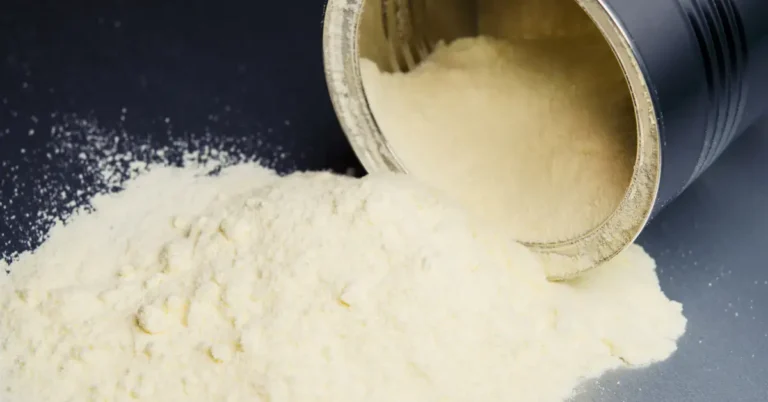 Leite em pó derramado de uma lata metálica sobre uma superfície escura, ingrediente essencial para preparar doce gelado com leite em pó.