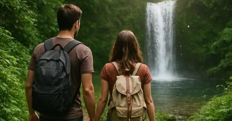 Casal observa uma cachoeira cercada por vegetação nativa, representando o ecoturismo no Nordeste.