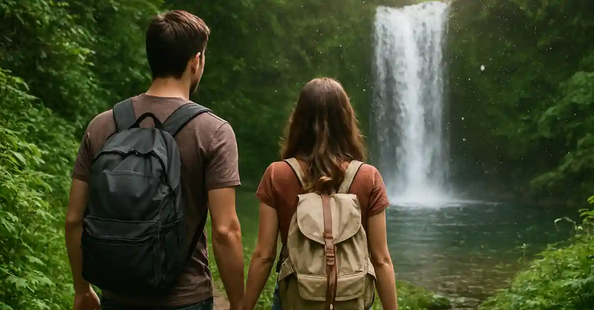 Casal observa uma cachoeira cercada por vegetação nativa, representando o ecoturismo no Nordeste.