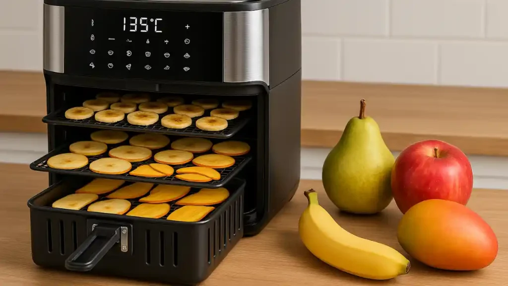 Air fryer com três bandejas contendo fatias de frutas como maçã, banana e manga, ao lado de frutas inteiras sobre uma bancada — processo de desidratação de frutas na Air fryer.