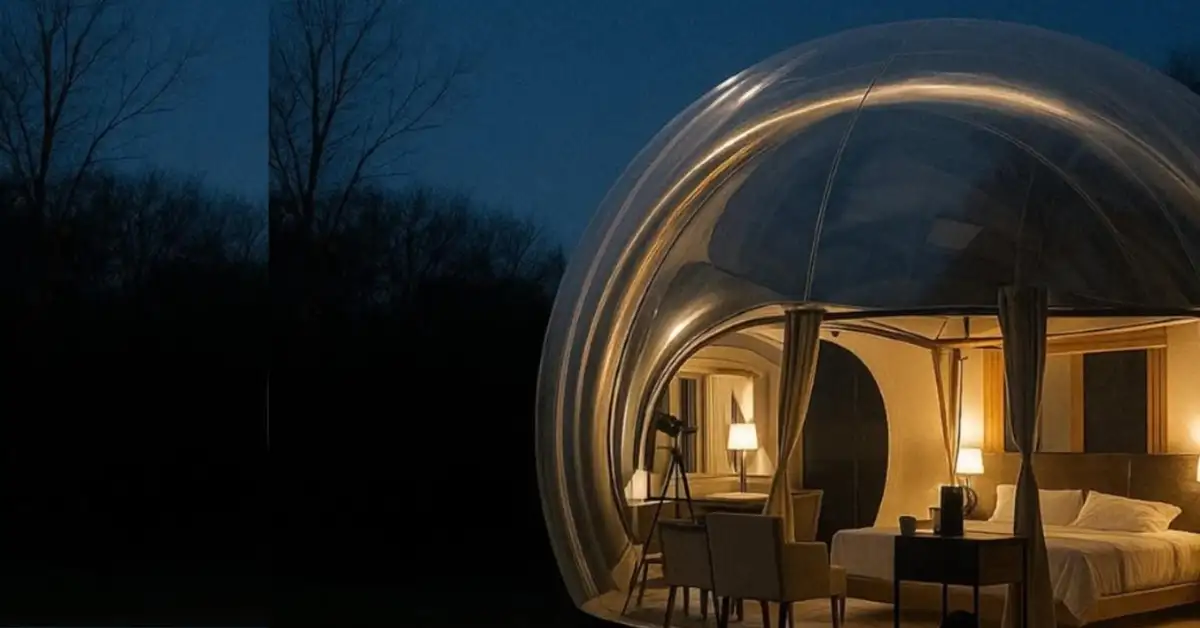 Estrutura transparente em forma de bolha com quarto mobiliado iluminado à noite, cercada por árvores — exemplo de hospedagem em bolhas no Brasil.
