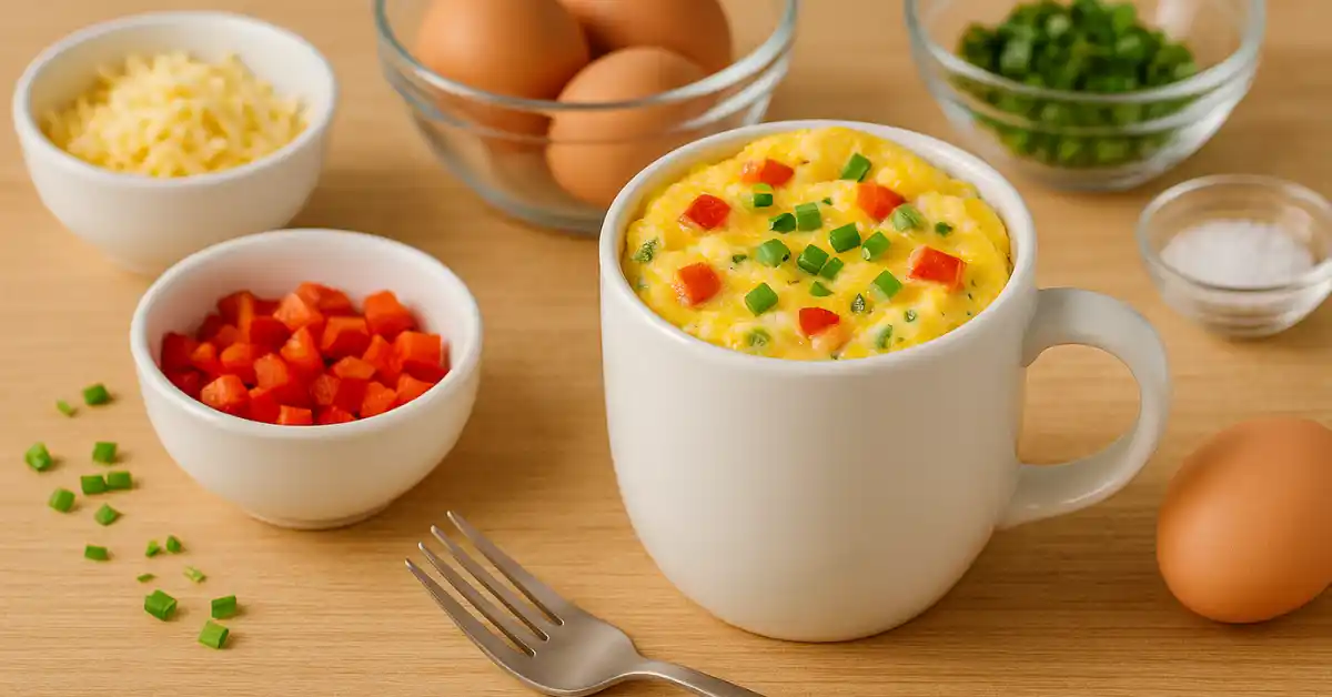 Omelete de caneca servido em uma bancada com ingredientes organizados: ovos, queijo ralado, pimentão vermelho, cebolinha e sal, ideal para lanches rápidos para o dia a dia.