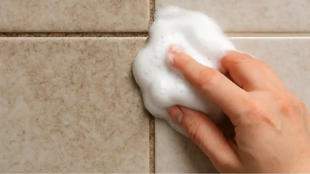 Mão aplicando espuma de limpeza sobre rejunte encardido entre azulejos, ilustrando o processo de limpeza de rejunte com espuma.