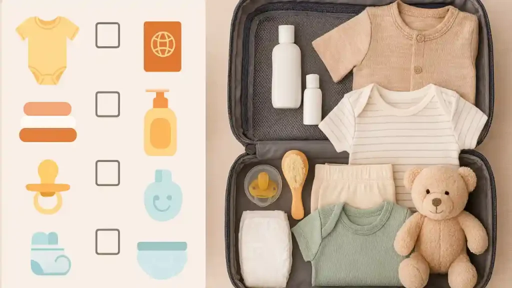 Checklist ilustrado com itens essenciais para bebê ao lado de uma mala aberta com roupas e acessórios — referência visual para a lista do que levar na maternidade.