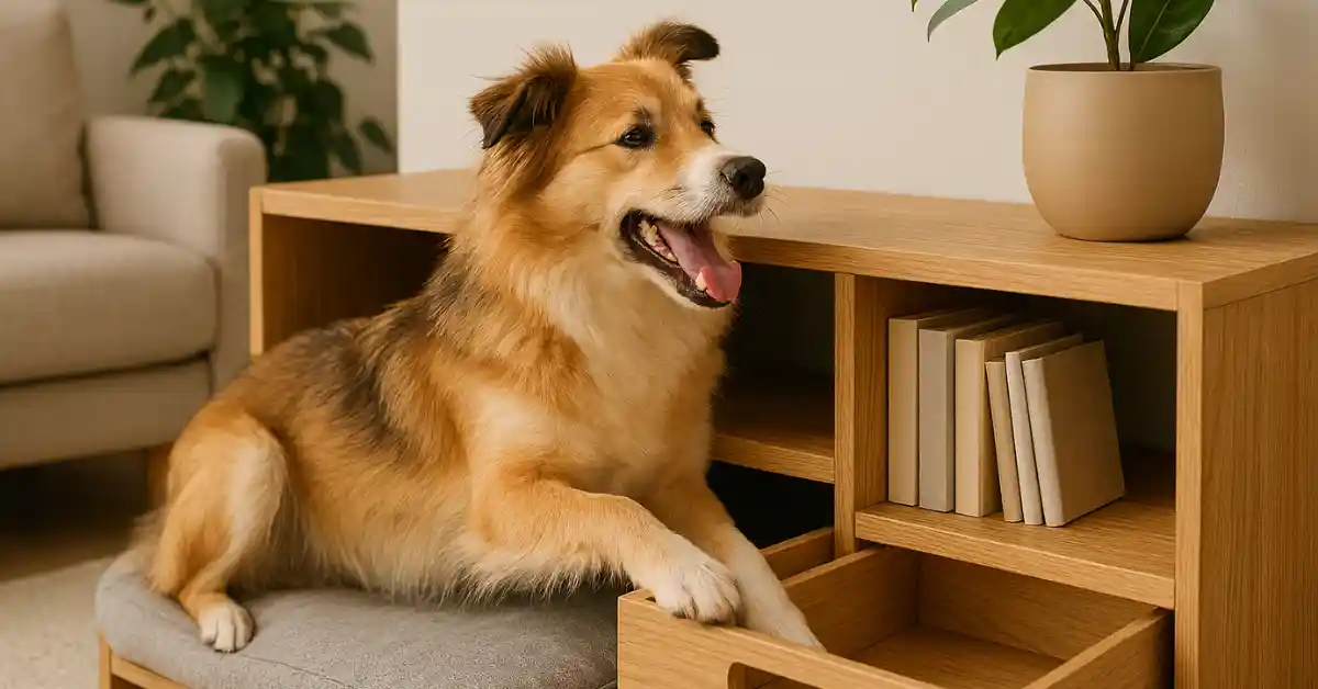 Cão de pelagem dourada e branca sentado em um banquinho acolchoado, interagindo com uma estante de madeira com gaveta aberta, em ambiente com móveis adaptados para animais.