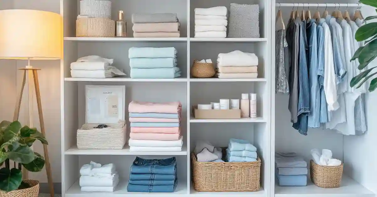 Closet organizado com prateleiras e cabideiro contendo toalhas, roupas, cestos e objetos que ajudam na organização da casa.