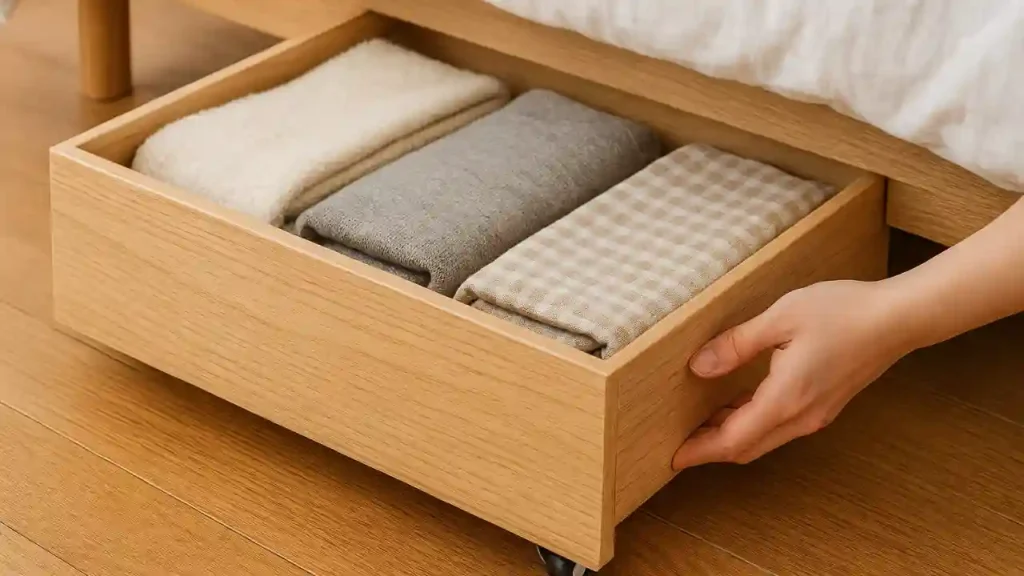Gaveta de madeira com rodízios sendo puxada debaixo da cama, usada na organização de casa com rodízios.