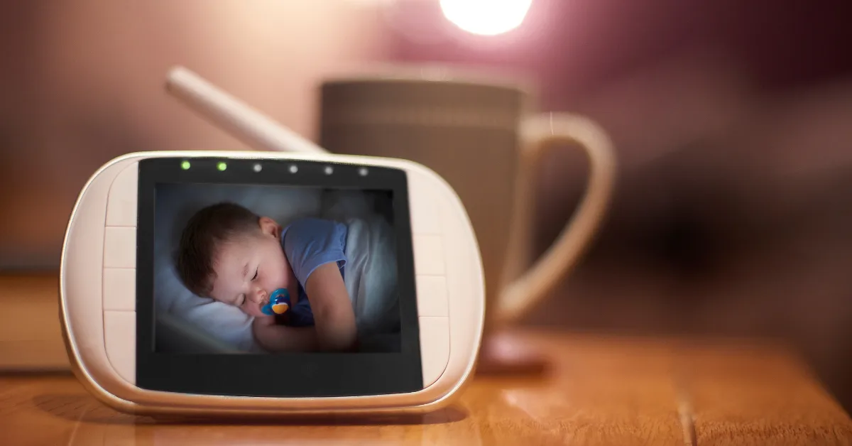 Monitor de bebê sobre superfície de madeira exibindo criança dormindo, exemplo de produtos inovadores para maternidade que oferecem segurança e praticidade.