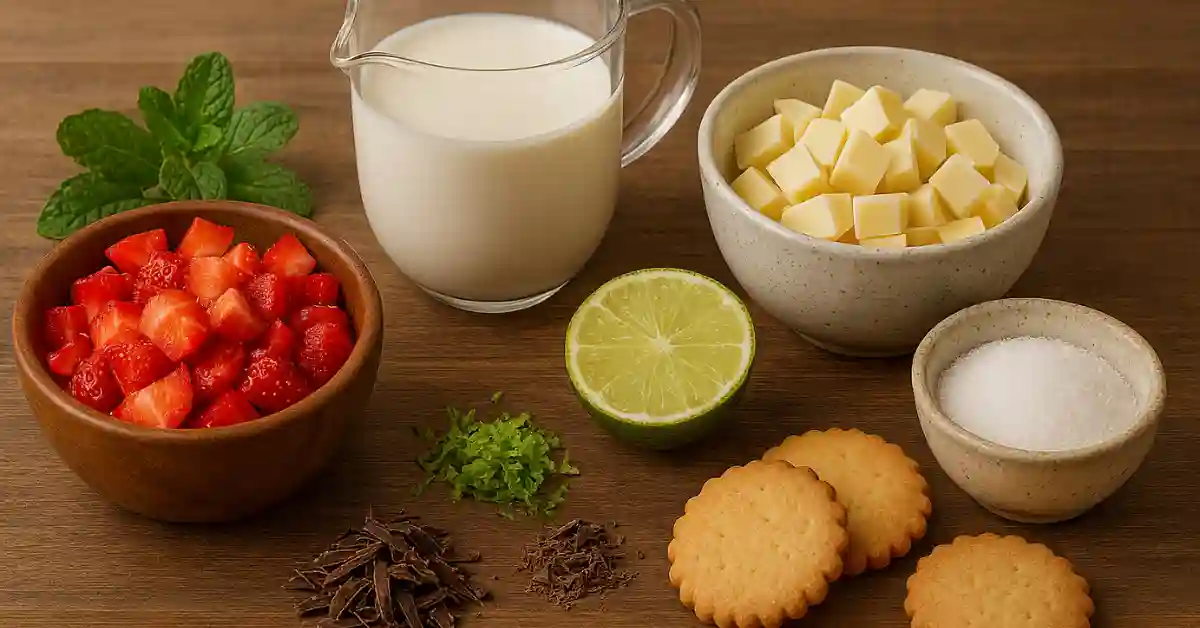 Ingredientes frescos e coloridos sobre uma superfície de madeira, incluindo morangos picados, raspas de limão, chocolate, leite, queijo em cubos, açúcar, biscoitos e hortelã — perfeitos para uma receita de sobremesa surpreendente.