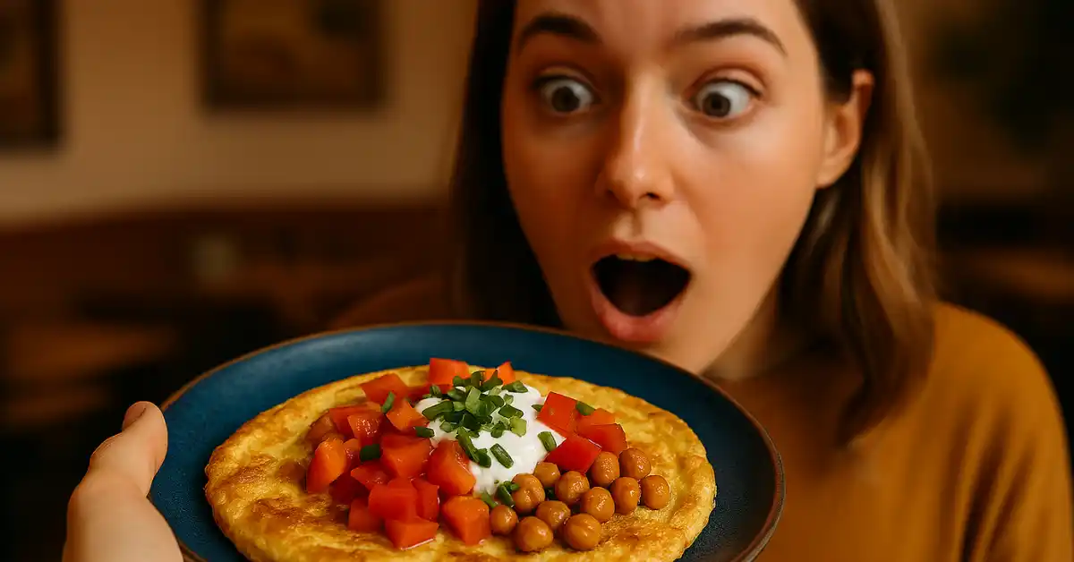 Mulher surpresa olhando para um prato com omelete coberta por tomate, grão-de-bico, creme e cebolinha — exemplo saboroso de receitas de 10 minutos.