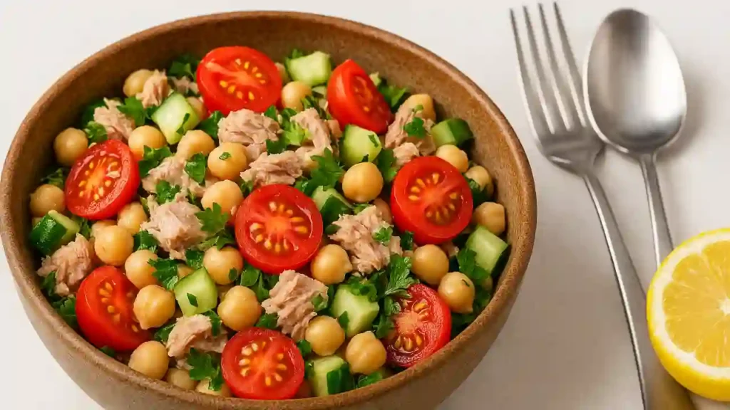 Salada de grão-de-bico com atum servida em bowl rústico, com tomates-cereja, pepino, salsa fresca e meio limão ao lado, sobre fundo branco.
