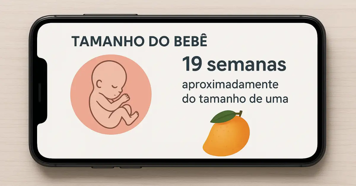 Celular na horizontal exibindo um aplicativo de gravidez que mostra o tamanho do bebê com 19 semanas, comparado a uma manga — relacionado aos sintomas e estágios da gravidez.