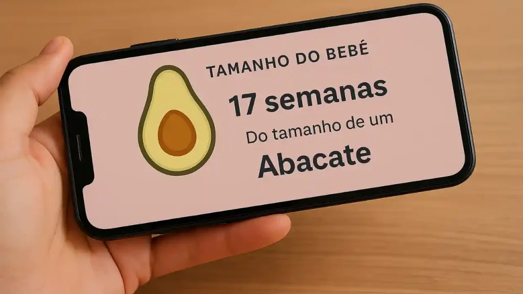 Mão segurando um celular na horizontal com um aplicativo que mostra o tamanho do bebê em 17 semanas de gestação, comparado a um abacate — relacionado aos sintomas e estágios da gravidez.