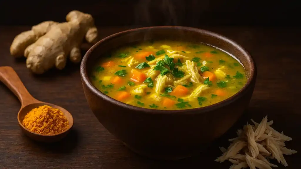 Tigela fumegante de sopa de frango com cúrcuma, rodeada por gengibre, cúrcuma em pó e frango desfiado sobre superfície escura.